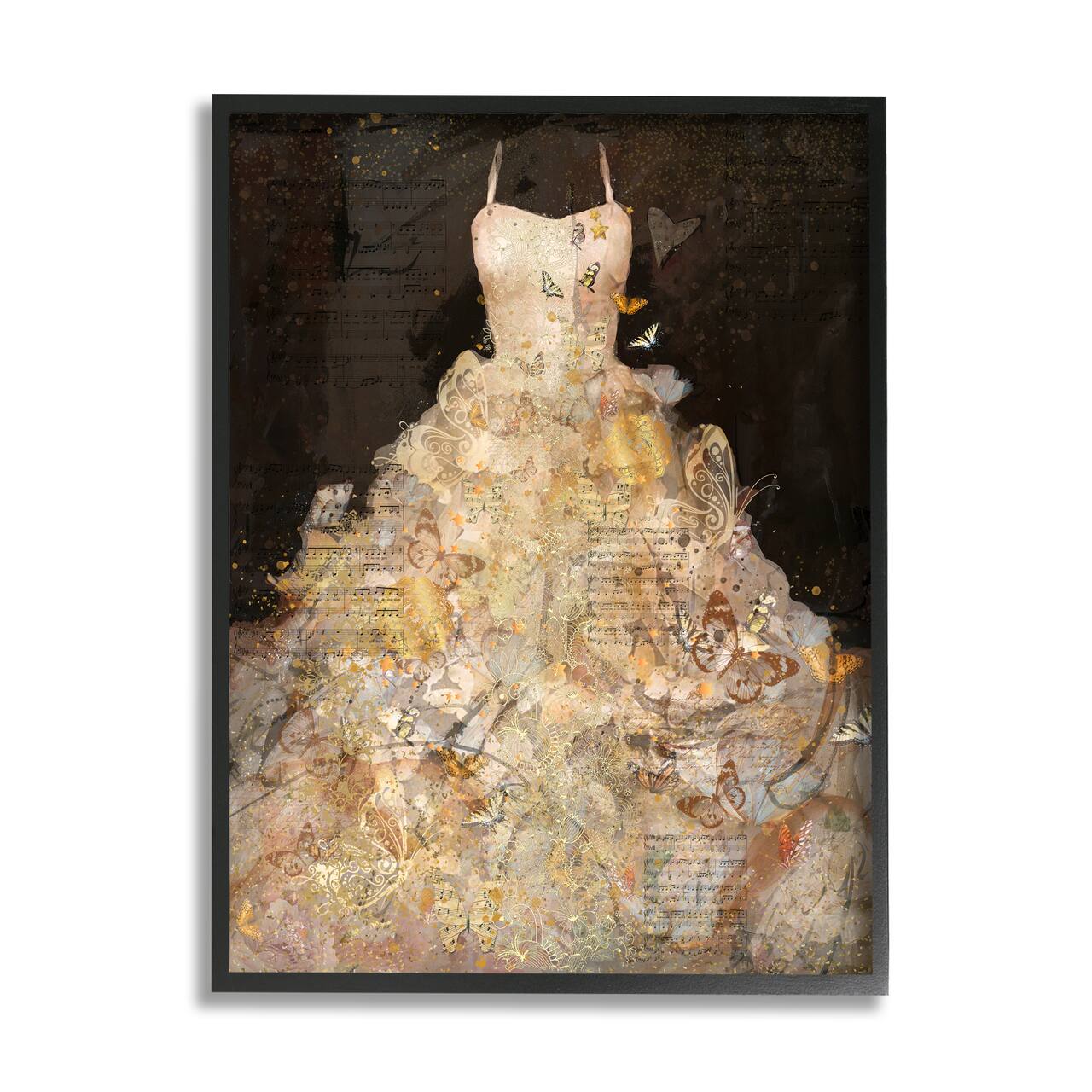 Stupell Industries Detailed Evening Gown Dress Text Collage Butterflies Framed Giclee Art